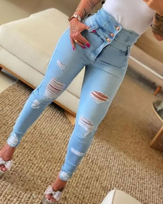 Stretchiga rippade skinny jeans för kvinnor med hög midja