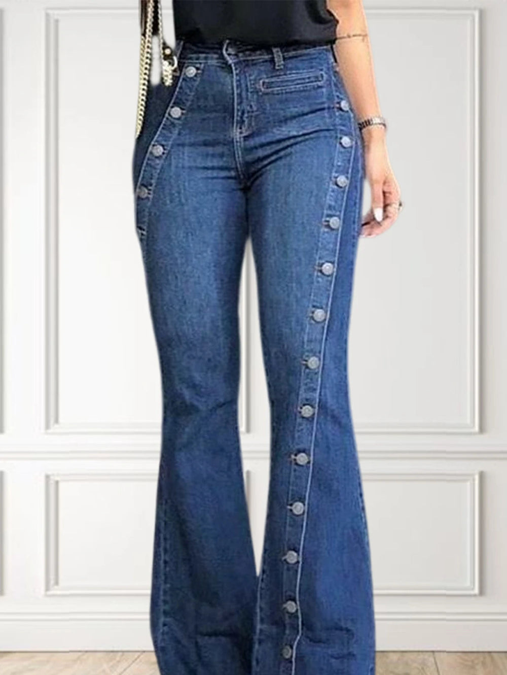 Valeska enfärgade jeans knappslå stil för kvinnor blå