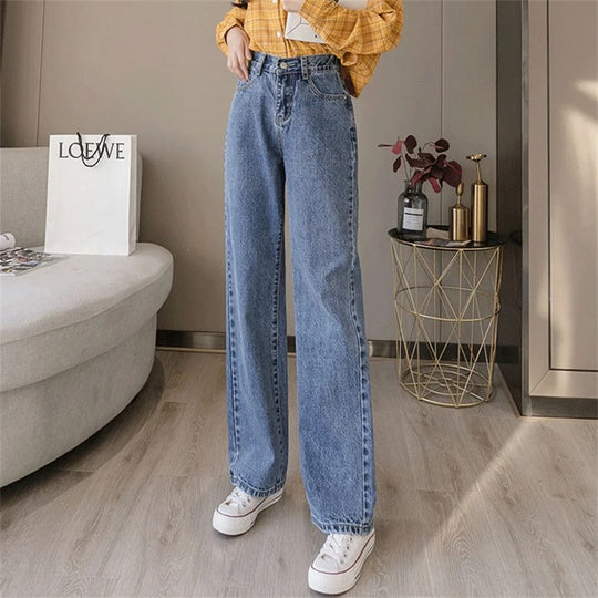 Tvättade koreanska jeans med rak passform för kvinnor