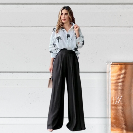 Damkläder - Elegant trendigt set - Långärmad Button Up Palm Print och lösa byxor - Perfekt för vardags- och vårkläder