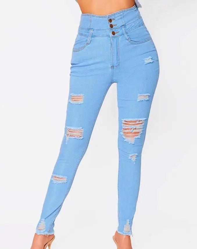 Stretchiga rippade skinny jeans för kvinnor med hög midja