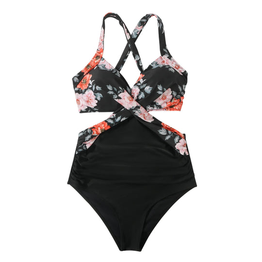 Monokini set baddräkt -halter hals med blommigt tryck - perfekt för stranden och sommaren