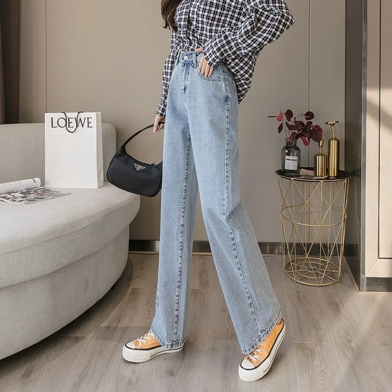 Tvättade koreanska jeans med rak passform för kvinnor