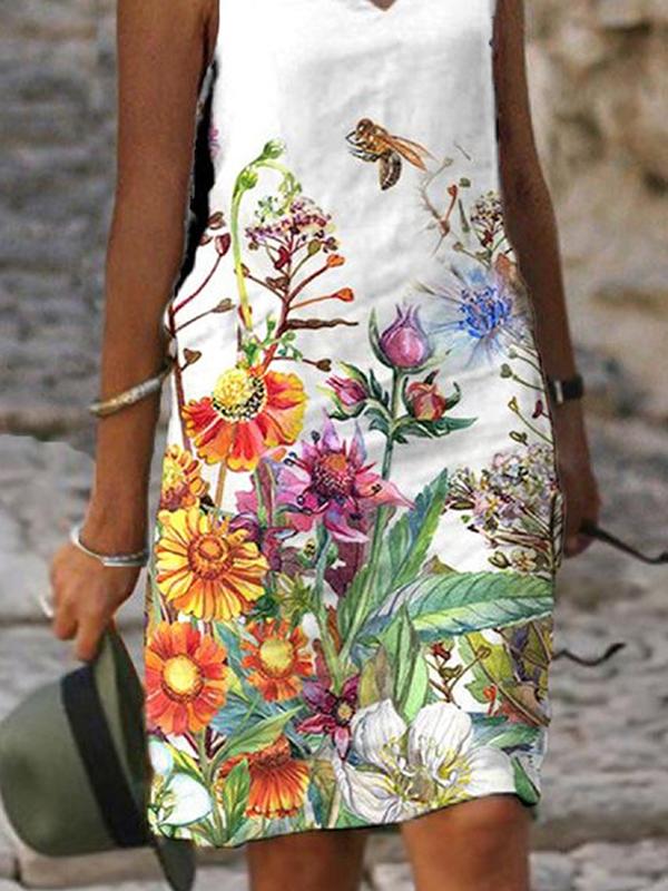 Avslappnad shiftklänning - Blommigt tryckt sleeveles med V-ringning
