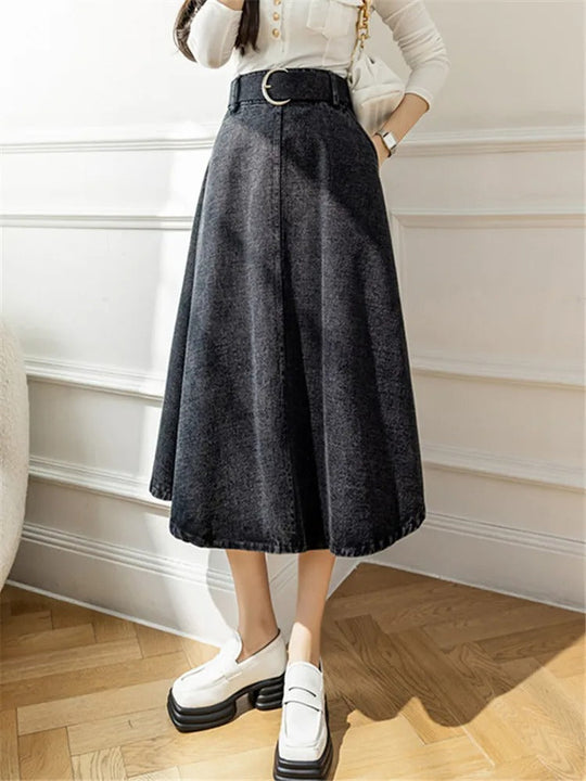 Denimkjolar - utsvängda kjolar - midikjolar med skärp - Perfekt för våren och sommaren